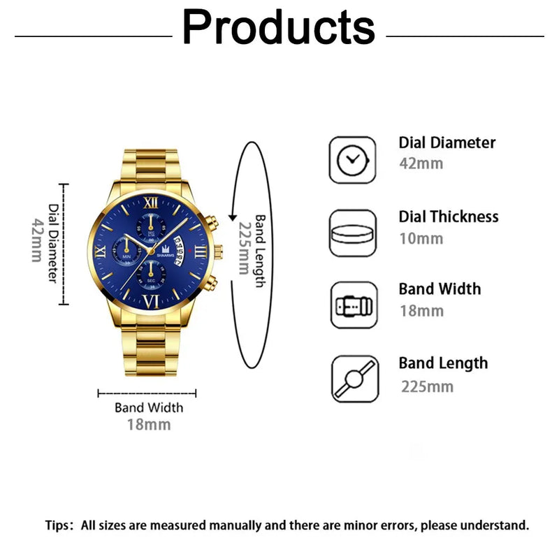 Men's Quartz Watch, business style, with calendar and stainless steel bracelet.