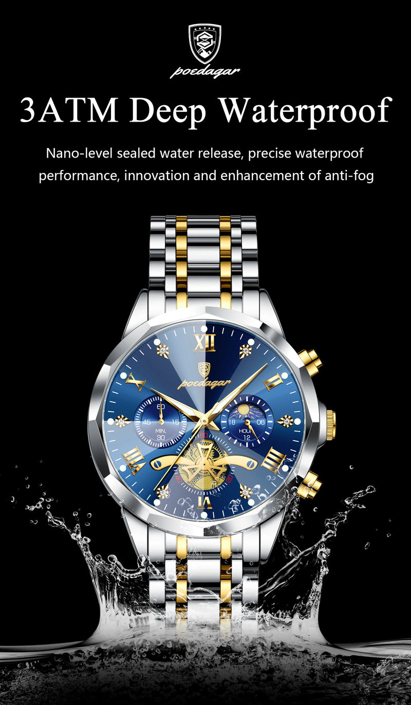 POEDAGAR Luxury Men's Watch, waterproof, chronograph, stainless steel bracelet.
