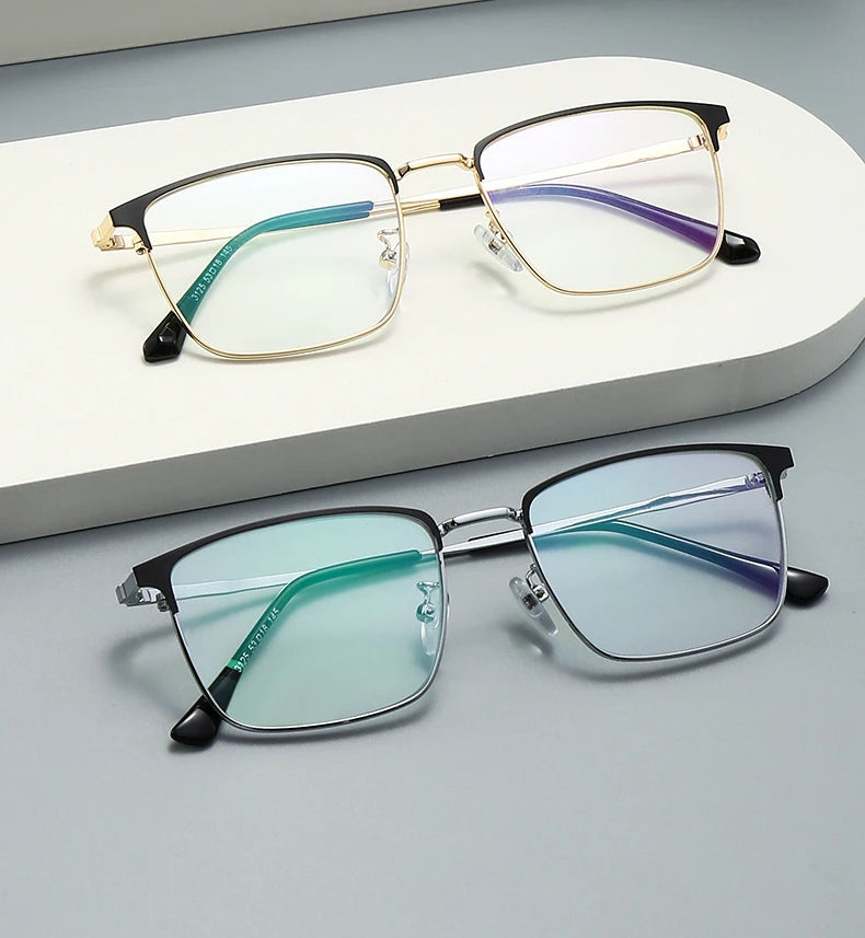 Unisex titanium prescription glasses with anti-reflective lenses and blue light filter.