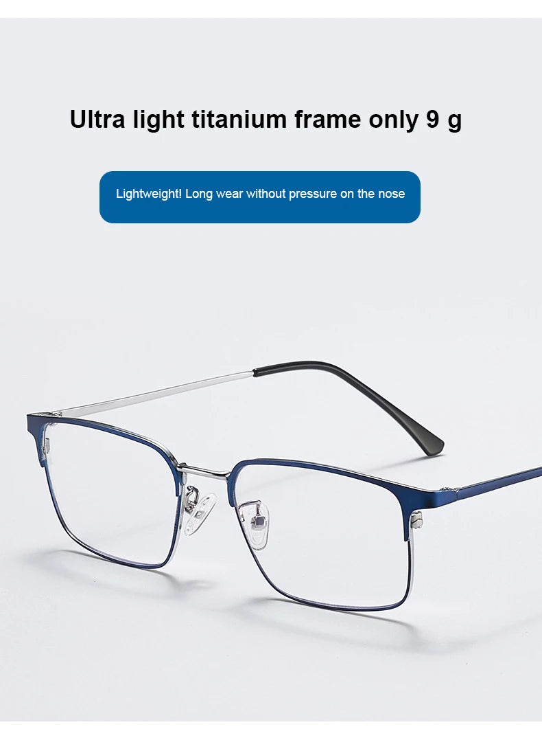 Unisex titanium prescription glasses with anti-reflective lenses and blue light filter.