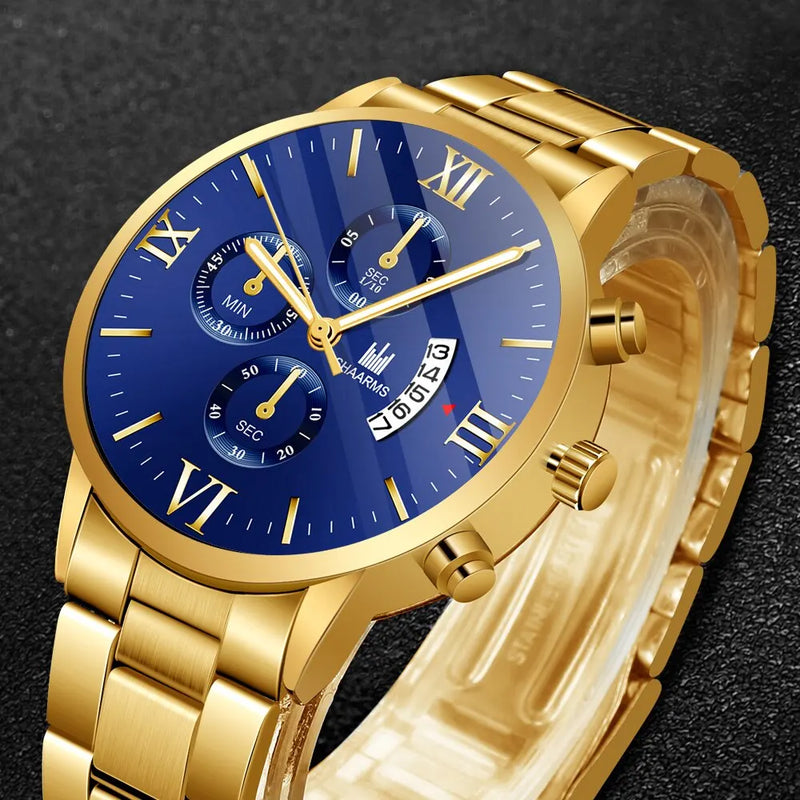 Men's Quartz Watch, business style, with calendar and stainless steel bracelet.