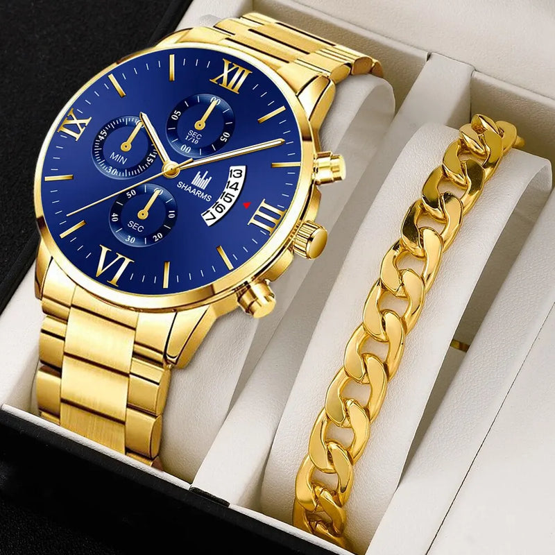Men's Quartz Watch, business style, with calendar and stainless steel bracelet.