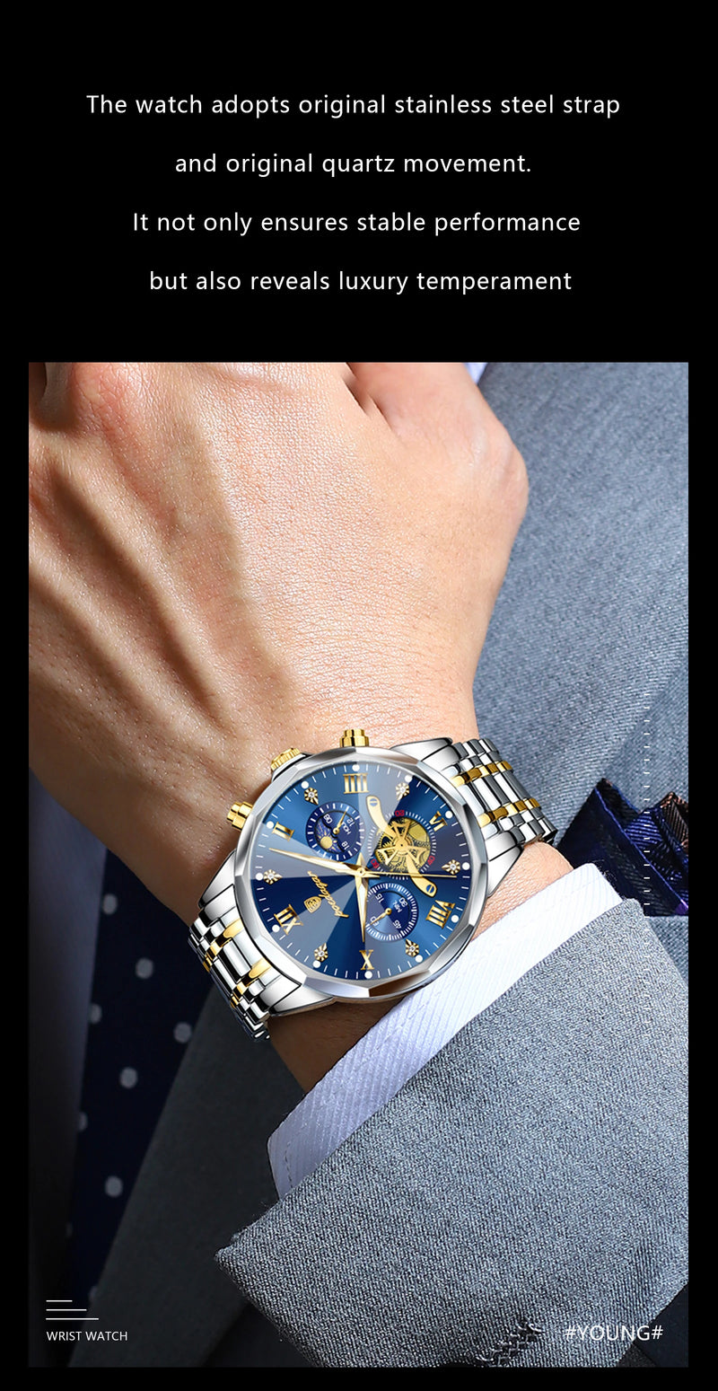 POEDAGAR Luxury Men's Watch, waterproof, chronograph, stainless steel bracelet.