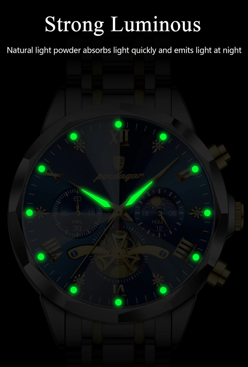 POEDAGAR Luxury Men's Watch, waterproof, chronograph, stainless steel bracelet.