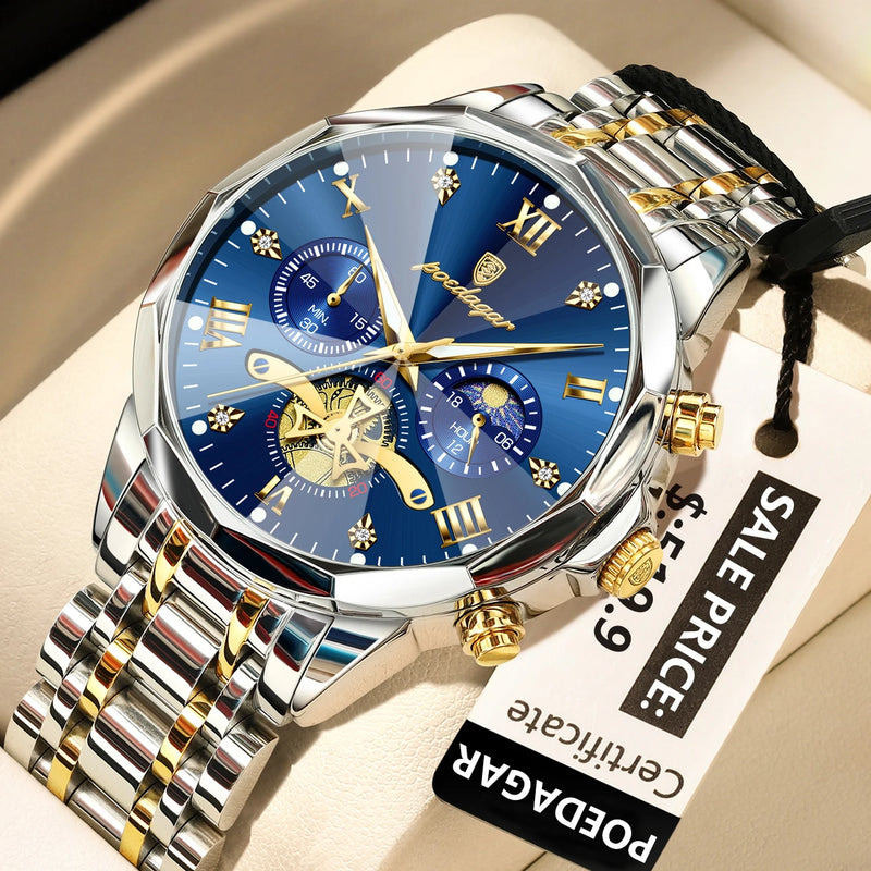 POEDAGAR Luxury Men's Watch, waterproof, chronograph, stainless steel bracelet.