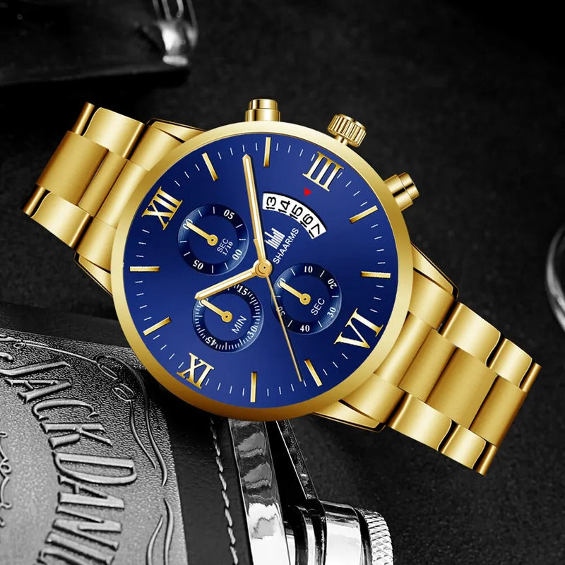 Men's Quartz Watch, business style, with calendar and stainless steel bracelet.