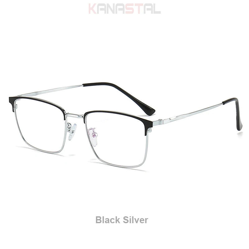 Unisex titanium prescription glasses with anti-reflective lenses and blue light filter.