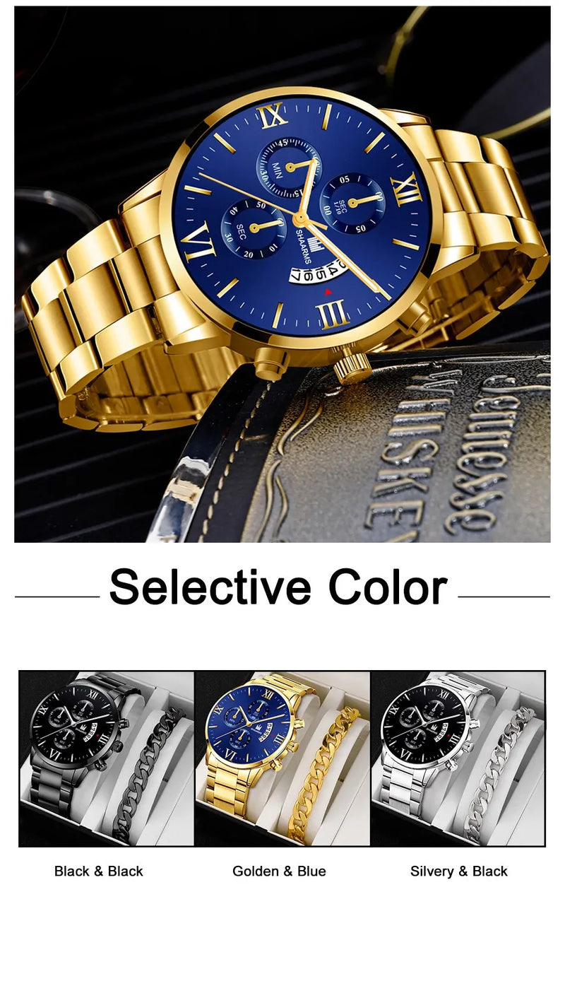 Men's Quartz Watch, business style, with calendar and stainless steel bracelet.