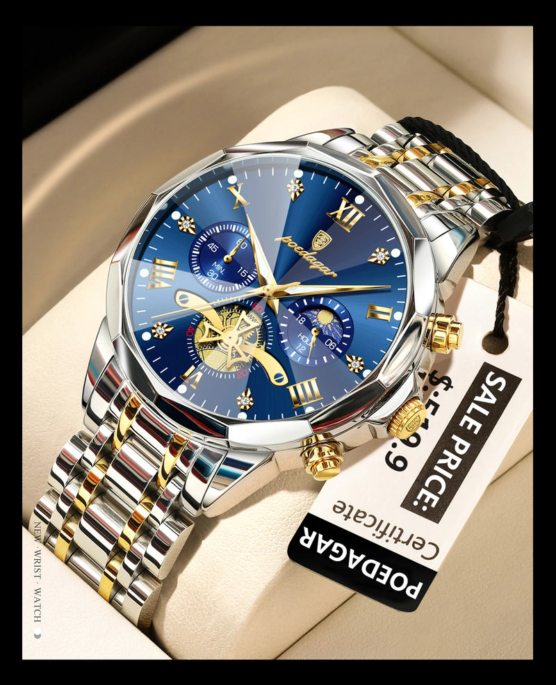 POEDAGAR Luxury Men's Watch, waterproof, chronograph, stainless steel bracelet.