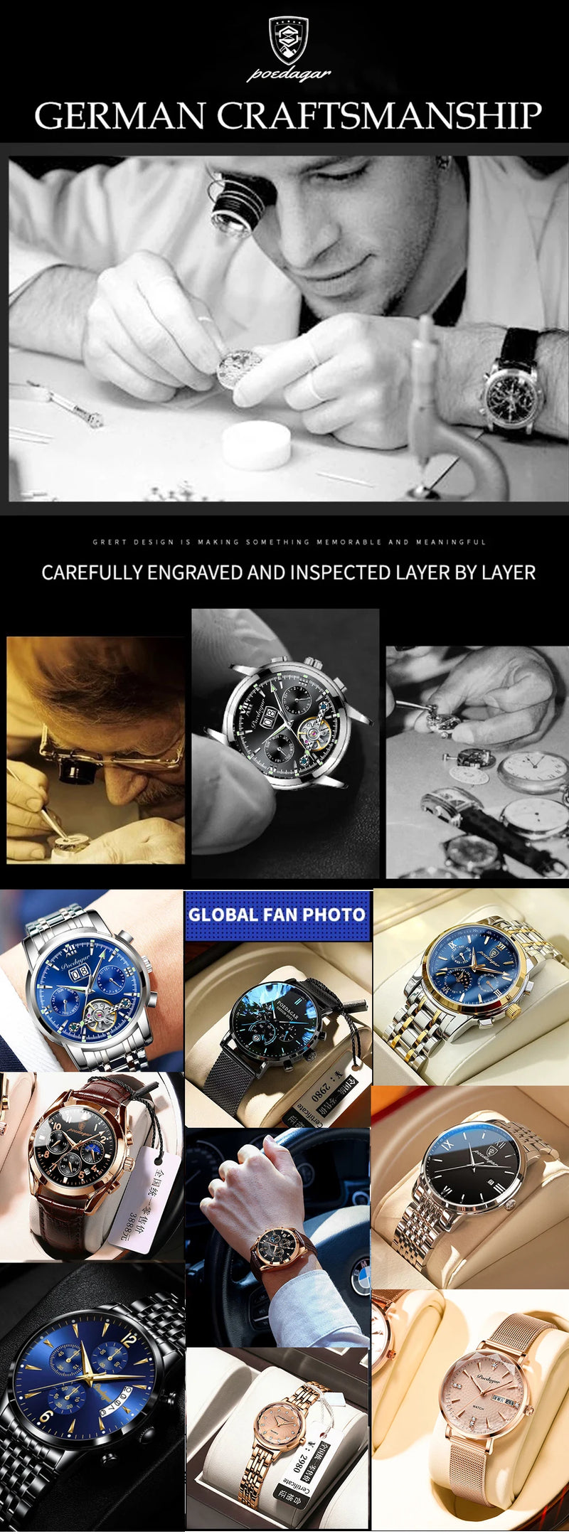 POEDAGAR Luxury Men's Watch, waterproof, chronograph, stainless steel bracelet.