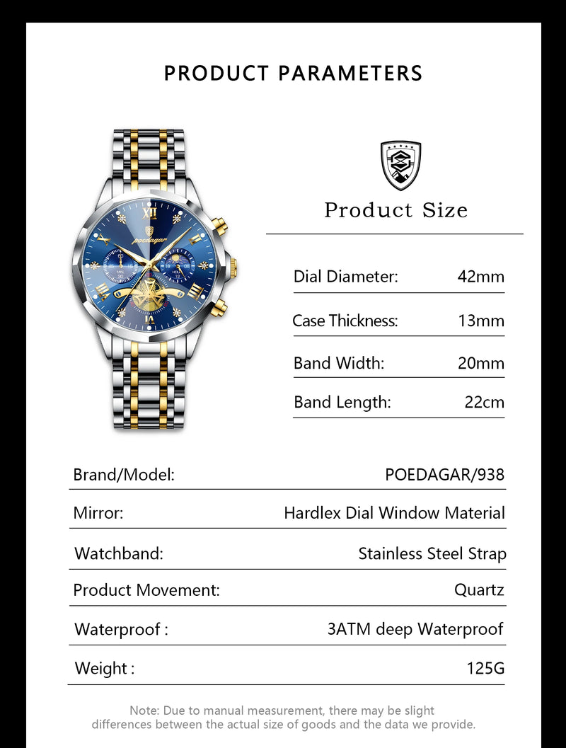 POEDAGAR Luxury Men's Watch, waterproof, chronograph, stainless steel bracelet.