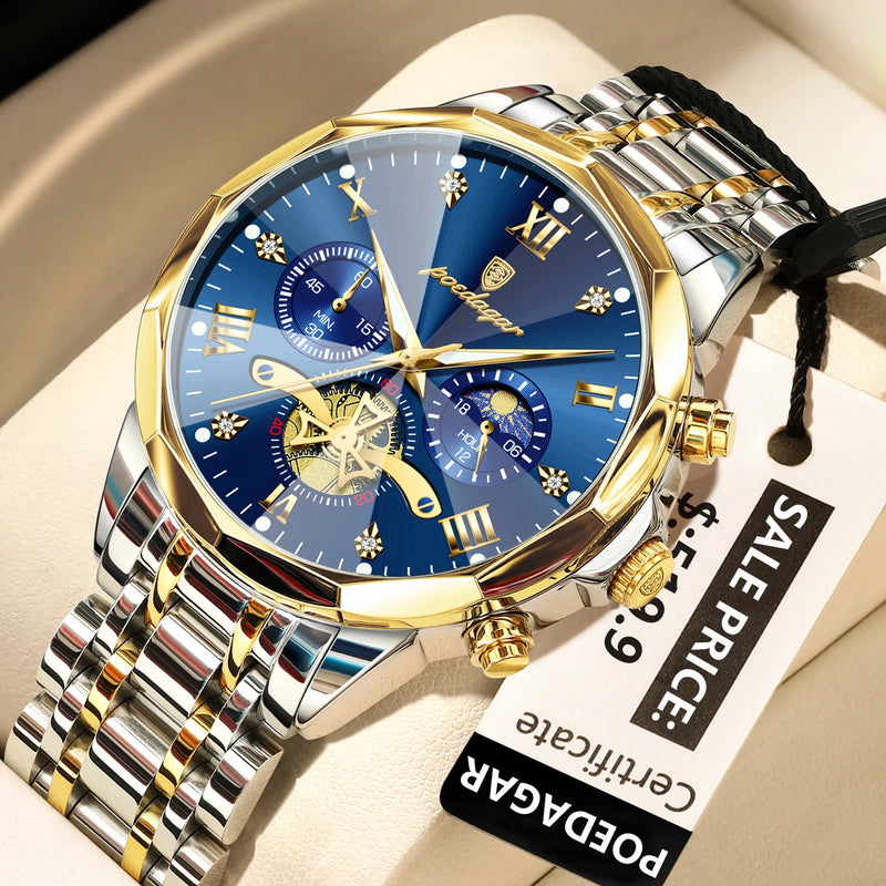 POEDAGAR Luxury Men's Watch, waterproof, chronograph, stainless steel bracelet.