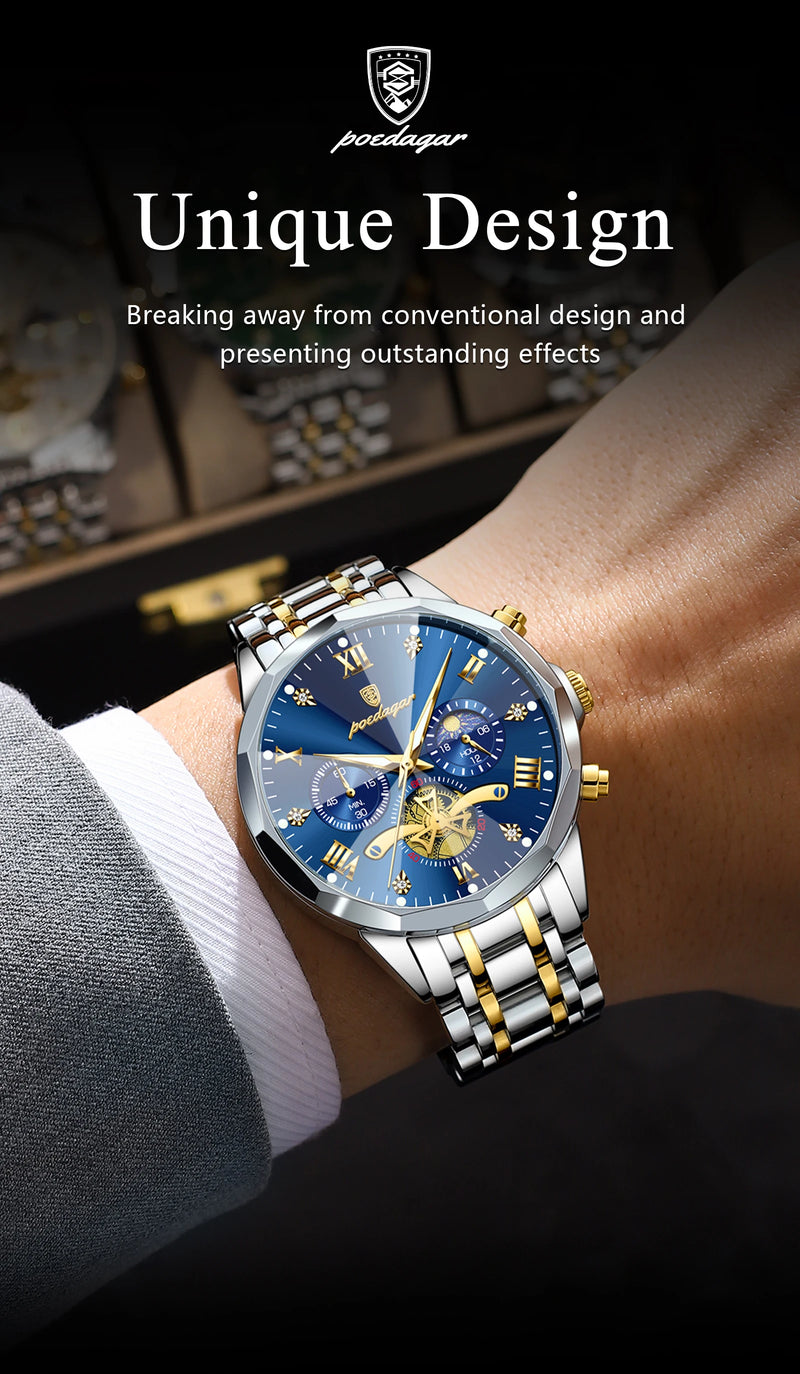 POEDAGAR Luxury Men's Watch, waterproof, chronograph, stainless steel bracelet.