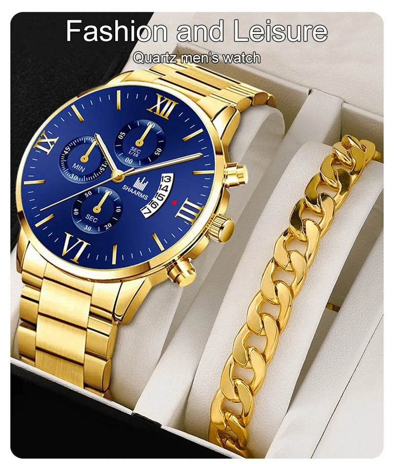 Men's Quartz Watch, business style, with calendar and stainless steel bracelet.