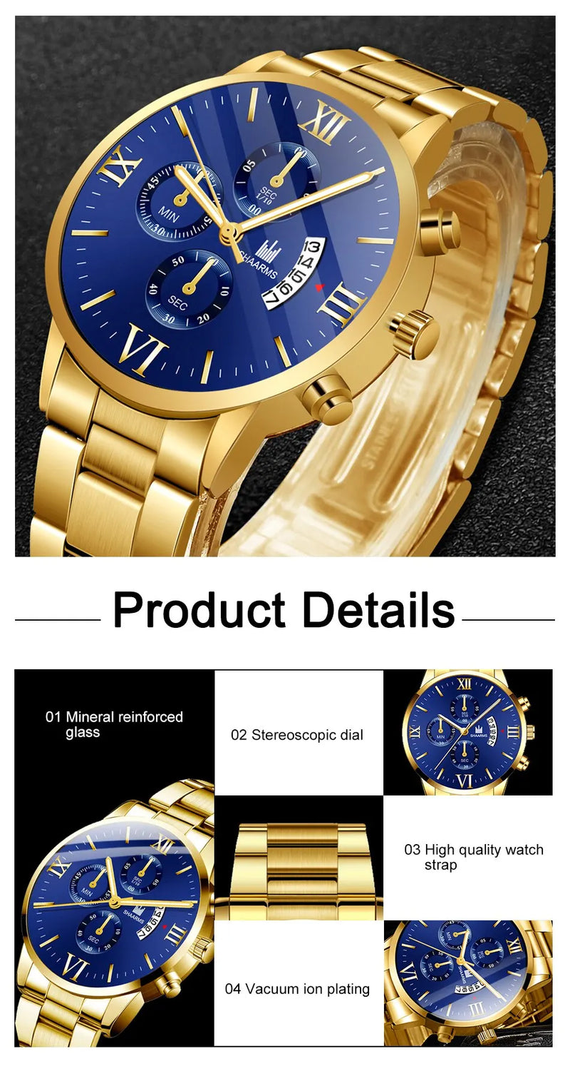Men's Quartz Watch, business style, with calendar and stainless steel bracelet.