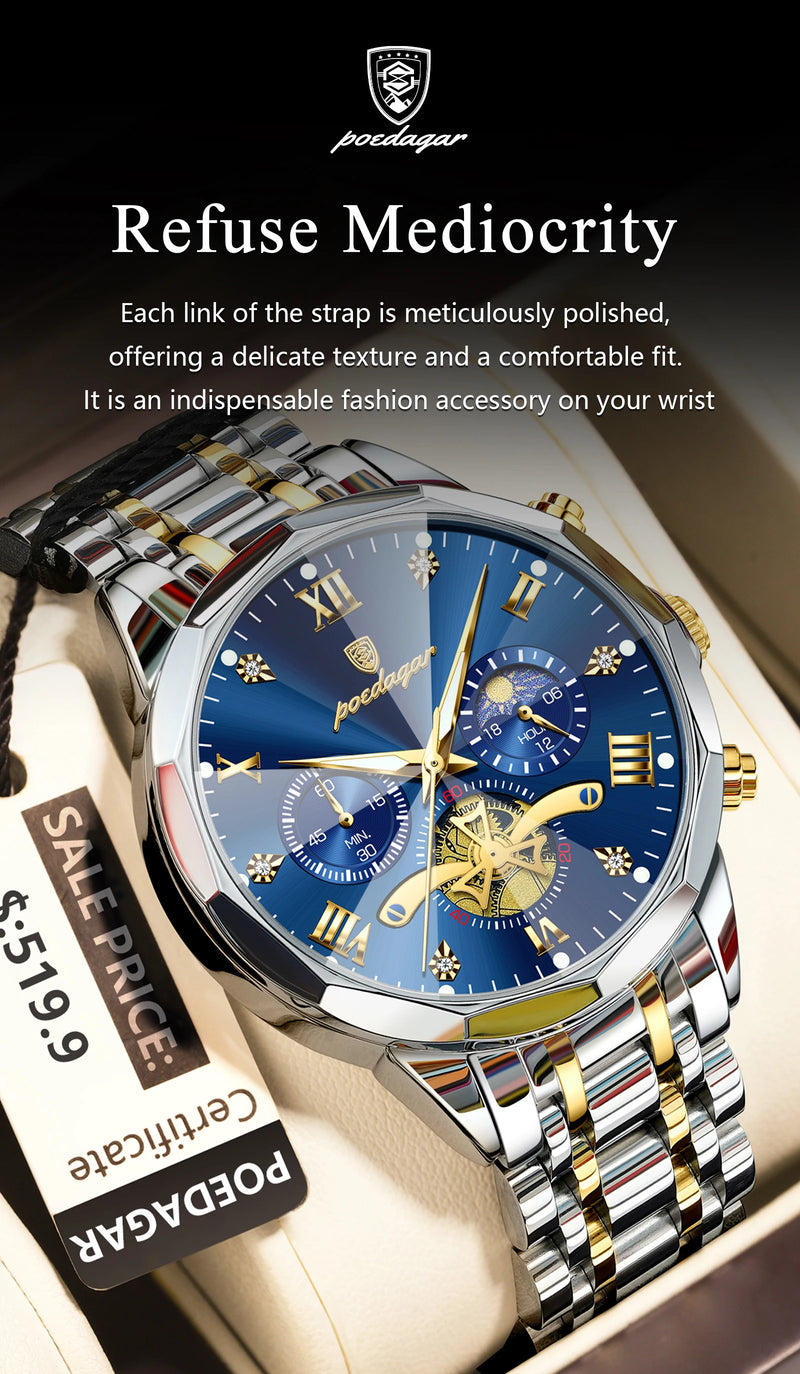 POEDAGAR Luxury Men's Watch, waterproof, chronograph, stainless steel bracelet.
