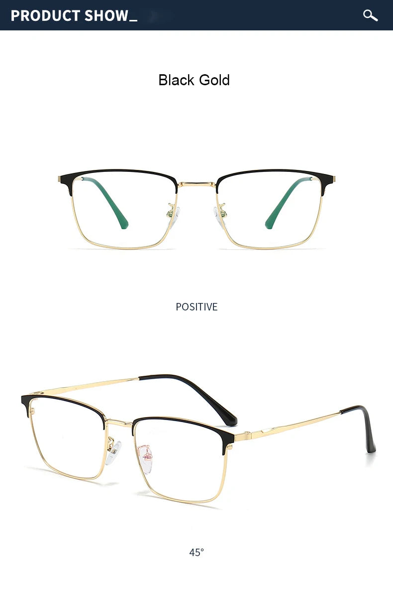 Unisex titanium prescription glasses with anti-reflective lenses and blue light filter.