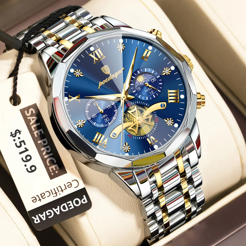 POEDAGAR Luxury Men's Watch, waterproof, chronograph, stainless steel bracelet.