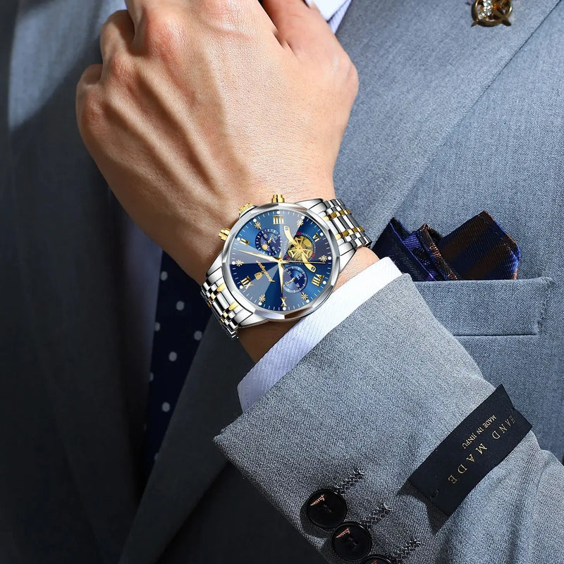 POEDAGAR Luxury Men's Watch, waterproof, chronograph, stainless steel bracelet.