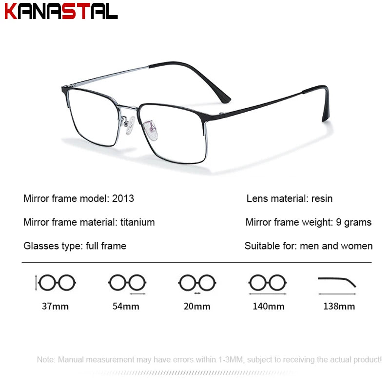 Unisex titanium prescription glasses with anti-reflective lenses and blue light filter.