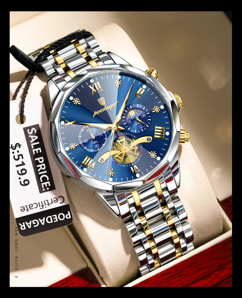 POEDAGAR Luxury Men's Watch, waterproof, chronograph, stainless steel bracelet.