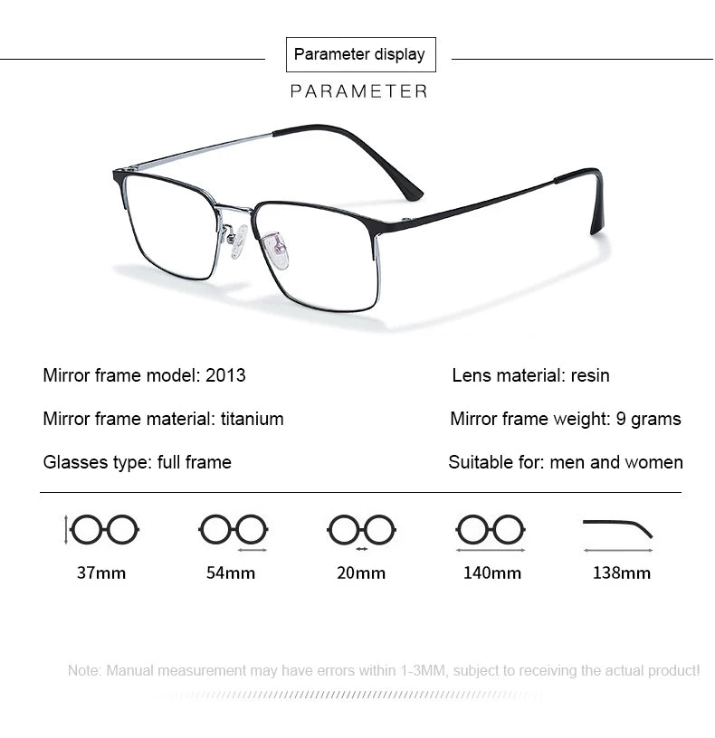 Unisex titanium prescription glasses with anti-reflective lenses and blue light filter.