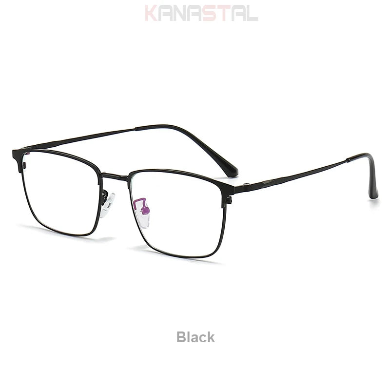 Unisex titanium prescription glasses with anti-reflective lenses and blue light filter.