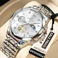 POEDAGAR Luxury Men's Watch, waterproof, chronograph, stainless steel bracelet.