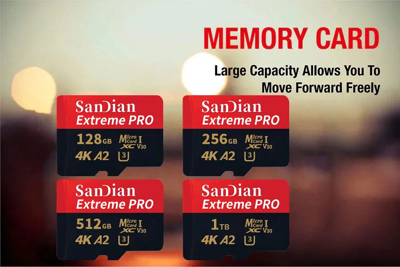 Micro SD TF Card Class 10 A2 U3, High Speed, 128GB–1TB, Ideal for Cell Phone, Camera and Drone.