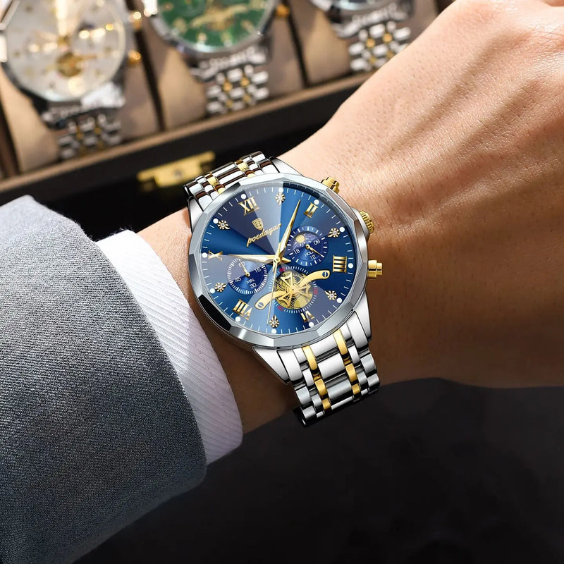 POEDAGAR Luxury Men's Watch, waterproof, chronograph, stainless steel bracelet.