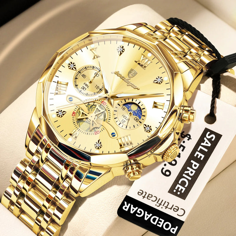 POEDAGAR Luxury Men's Watch, waterproof, chronograph, stainless steel bracelet.