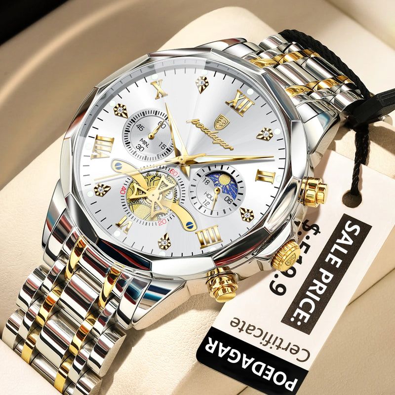 POEDAGAR Luxury Men's Watch, waterproof, chronograph, stainless steel bracelet.
