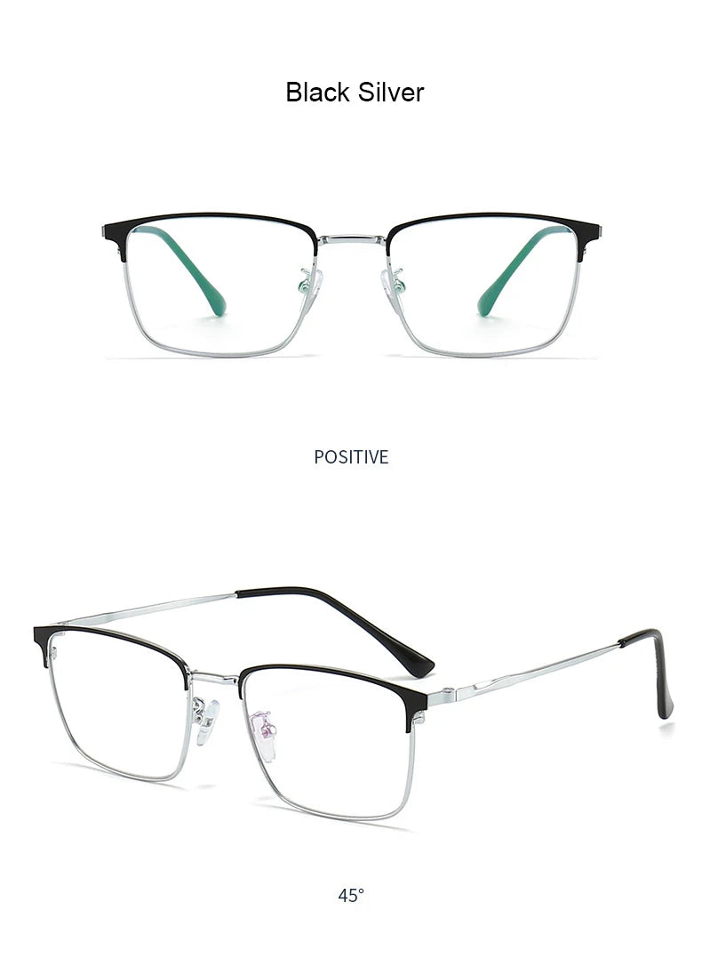 Unisex titanium prescription glasses with anti-reflective lenses and blue light filter.