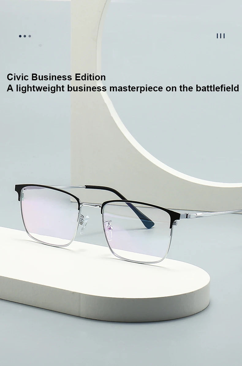 Unisex titanium prescription glasses with anti-reflective lenses and blue light filter.