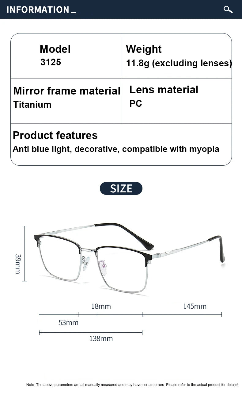 Unisex titanium prescription glasses with anti-reflective lenses and blue light filter.