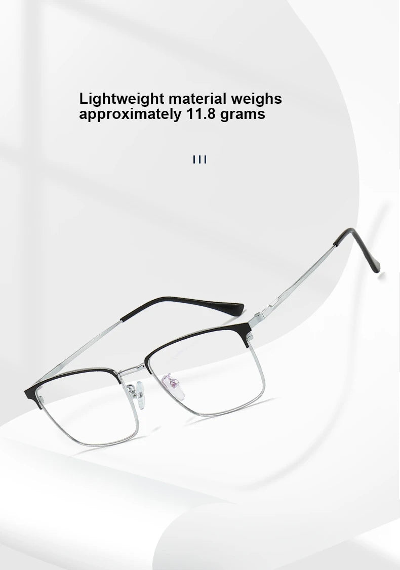 Unisex titanium prescription glasses with anti-reflective lenses and blue light filter.