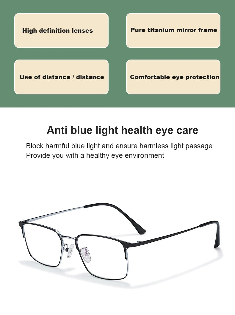 Unisex titanium prescription glasses with anti-reflective lenses and blue light filter.
