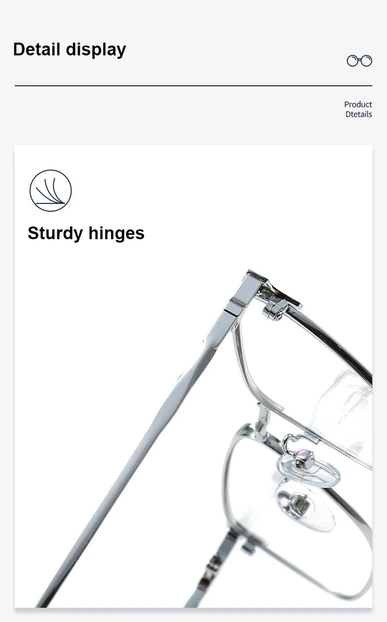 Unisex titanium prescription glasses with anti-reflective lenses and blue light filter.