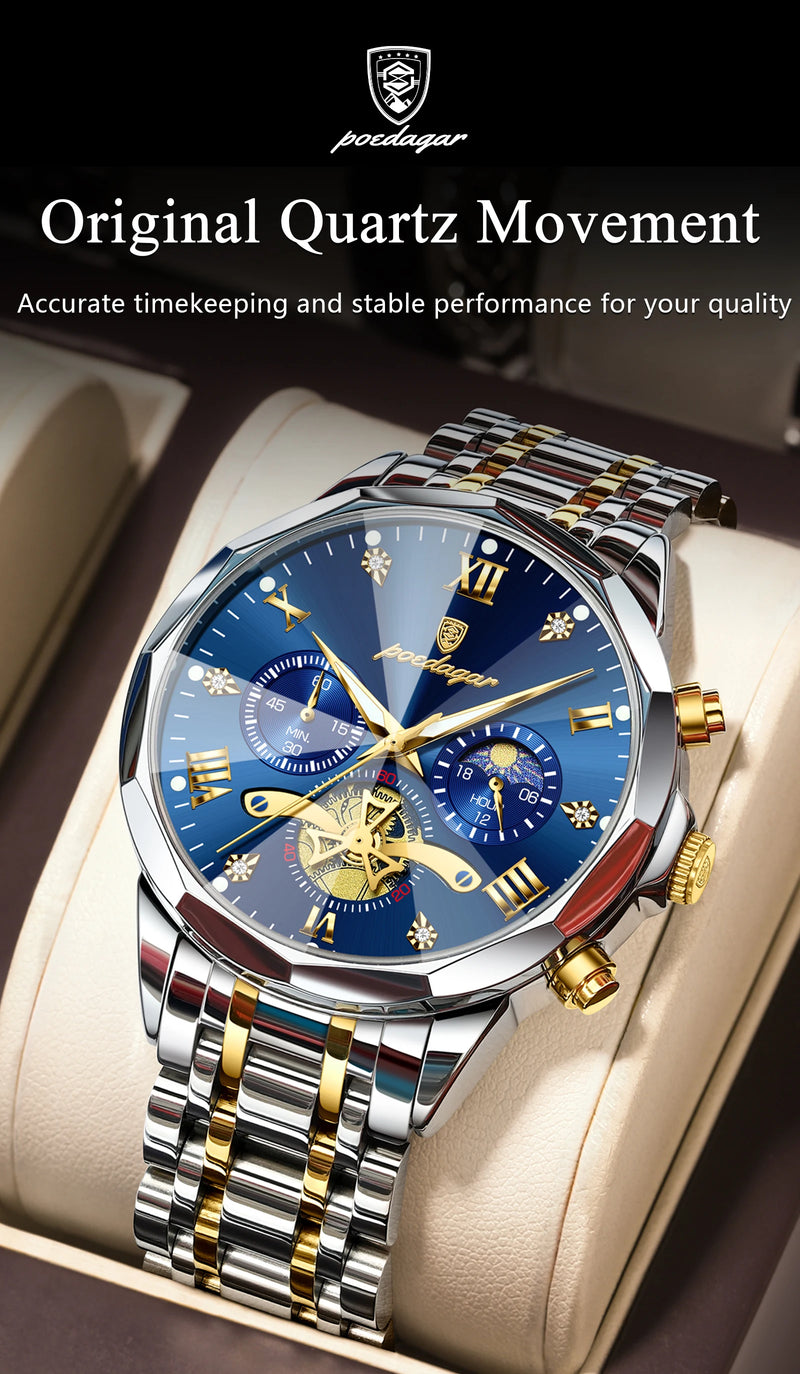 POEDAGAR Luxury Men's Watch, waterproof, chronograph, stainless steel bracelet.