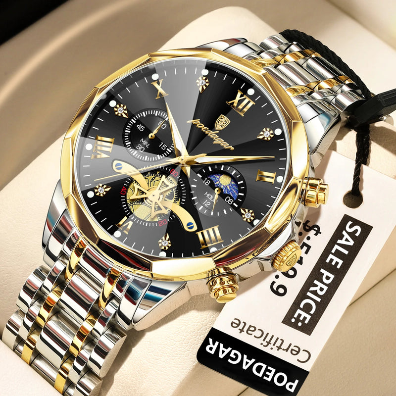 POEDAGAR Luxury Men's Watch, waterproof, chronograph, stainless steel bracelet.