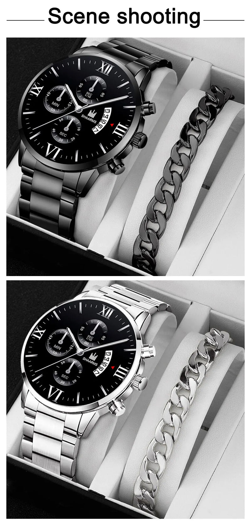 Men's Quartz Watch, business style, with calendar and stainless steel bracelet.