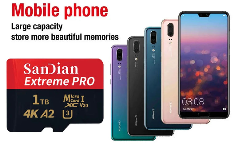 Micro SD TF Card Class 10 A2 U3, High Speed, 128GB–1TB, Ideal for Cell Phone, Camera and Drone.
