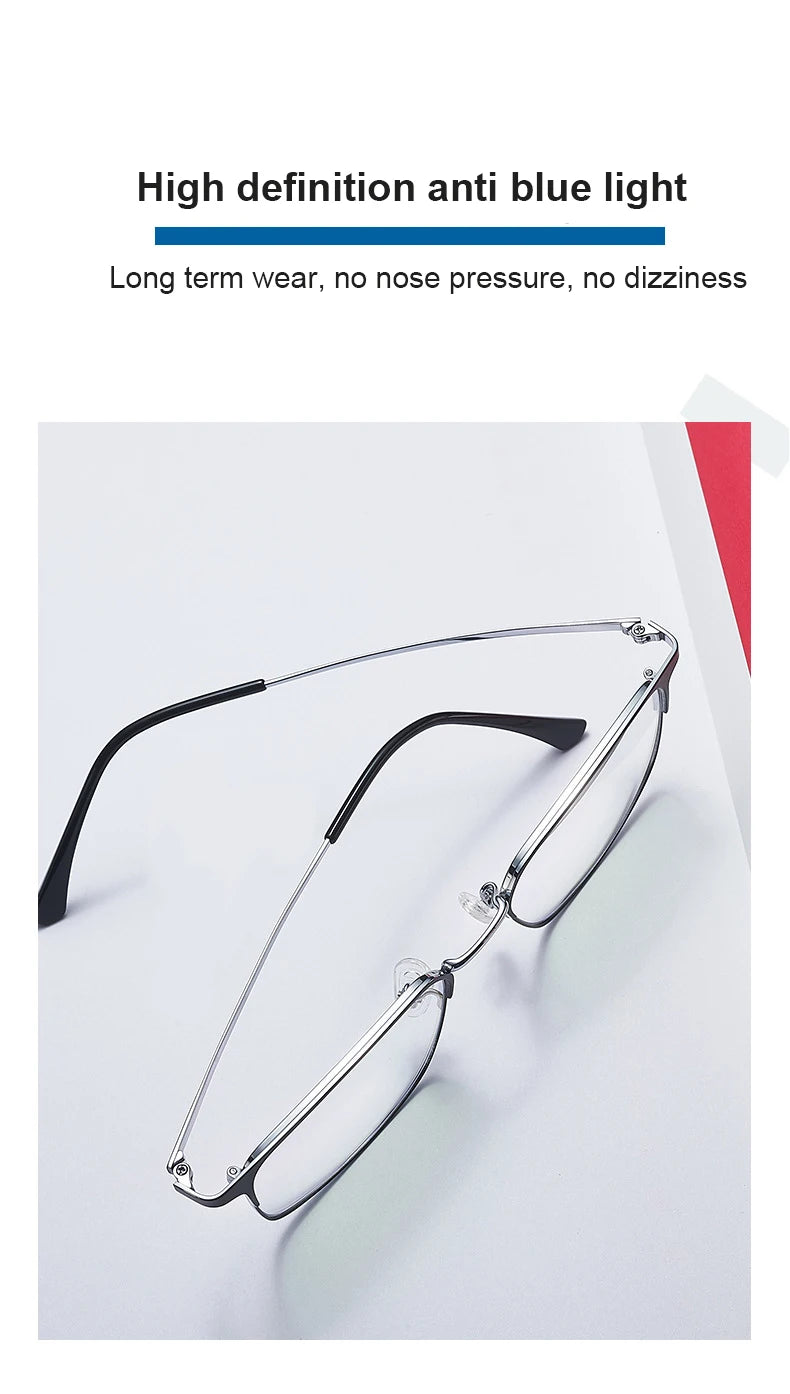 Unisex titanium prescription glasses with anti-reflective lenses and blue light filter.