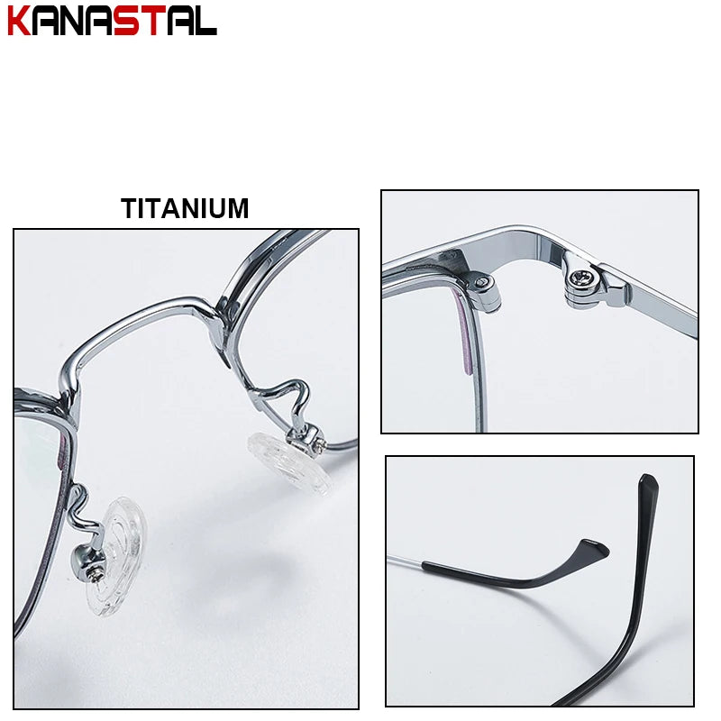 Unisex titanium prescription glasses with anti-reflective lenses and blue light filter.