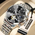POEDAGAR Luxury Men's Watch, waterproof, chronograph, stainless steel bracelet.