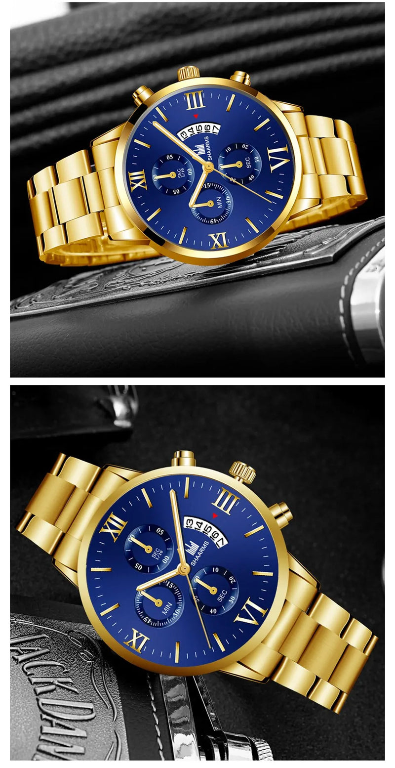 Men's Quartz Watch, business style, with calendar and stainless steel bracelet.