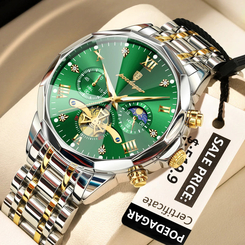 POEDAGAR Luxury Men's Watch, waterproof, chronograph, stainless steel bracelet.