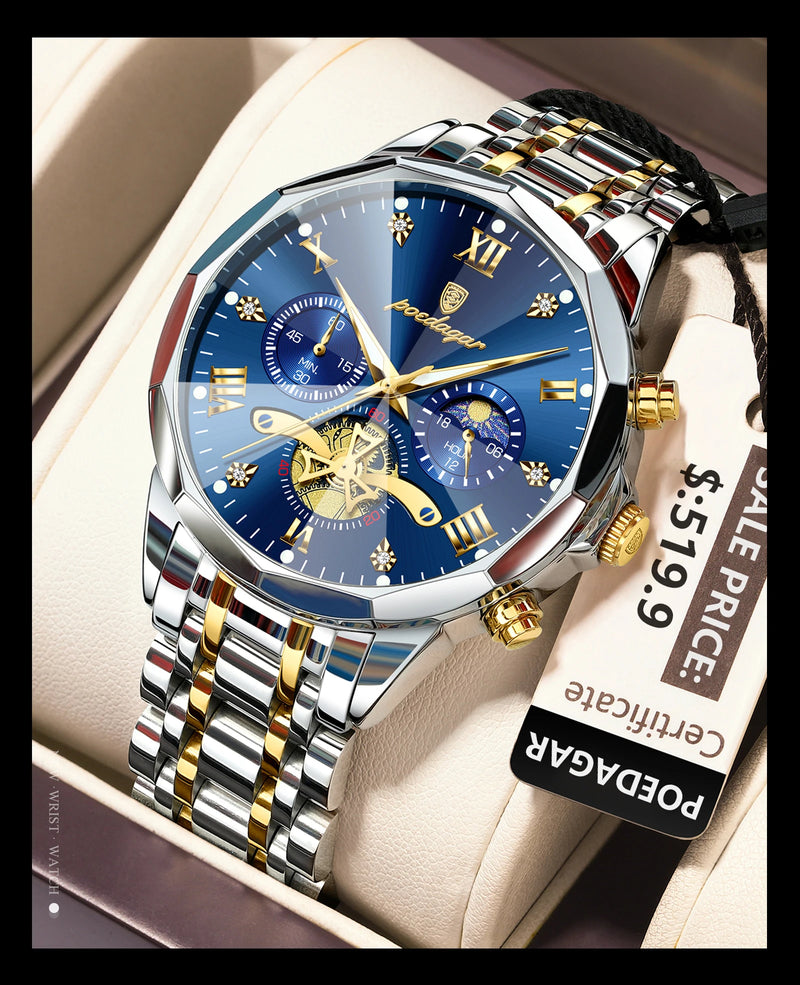POEDAGAR Luxury Men's Watch, waterproof, chronograph, stainless steel bracelet.