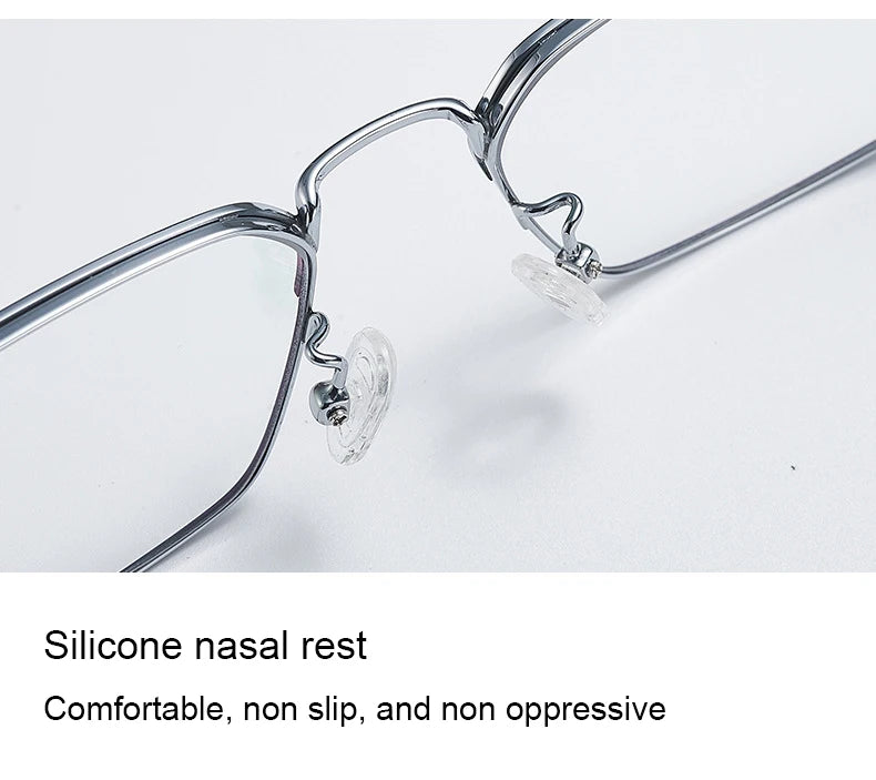 Unisex titanium prescription glasses with anti-reflective lenses and blue light filter.