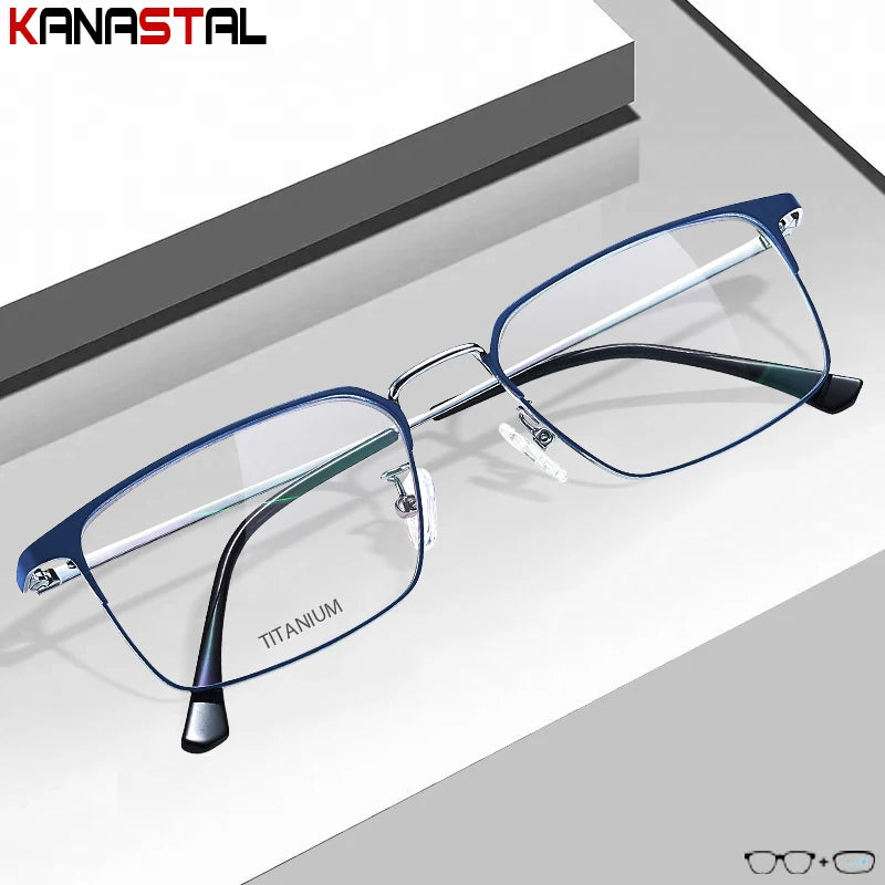 Unisex titanium prescription glasses with anti-reflective lenses and blue light filter.
